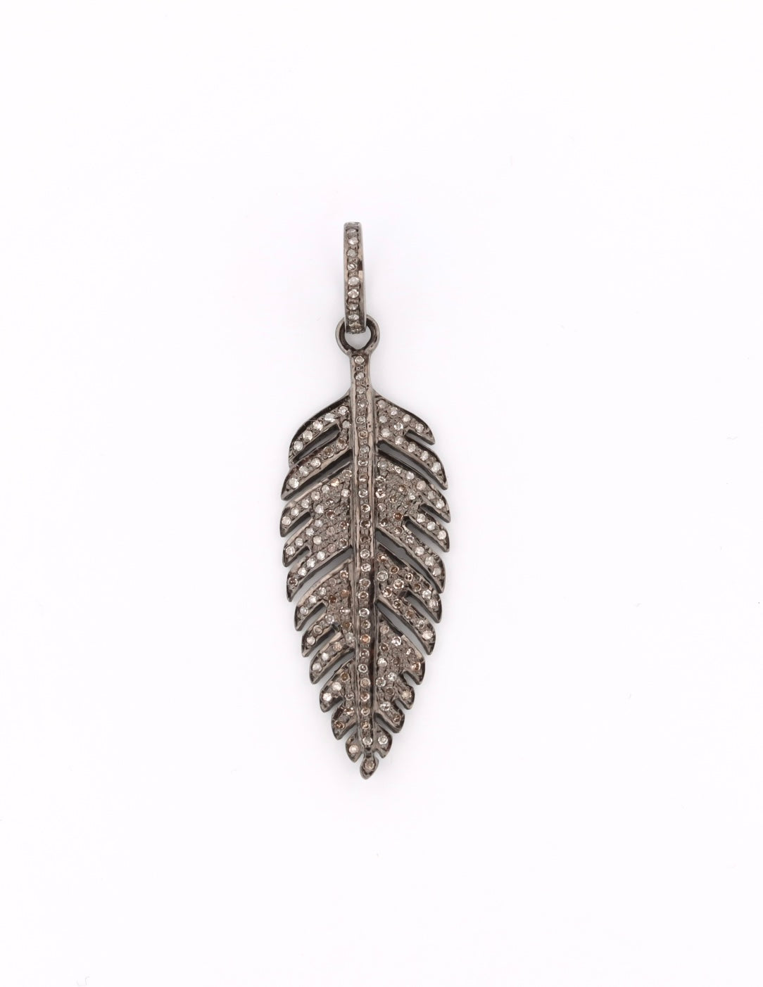 Oxidized sterling silver diamond feather pendant