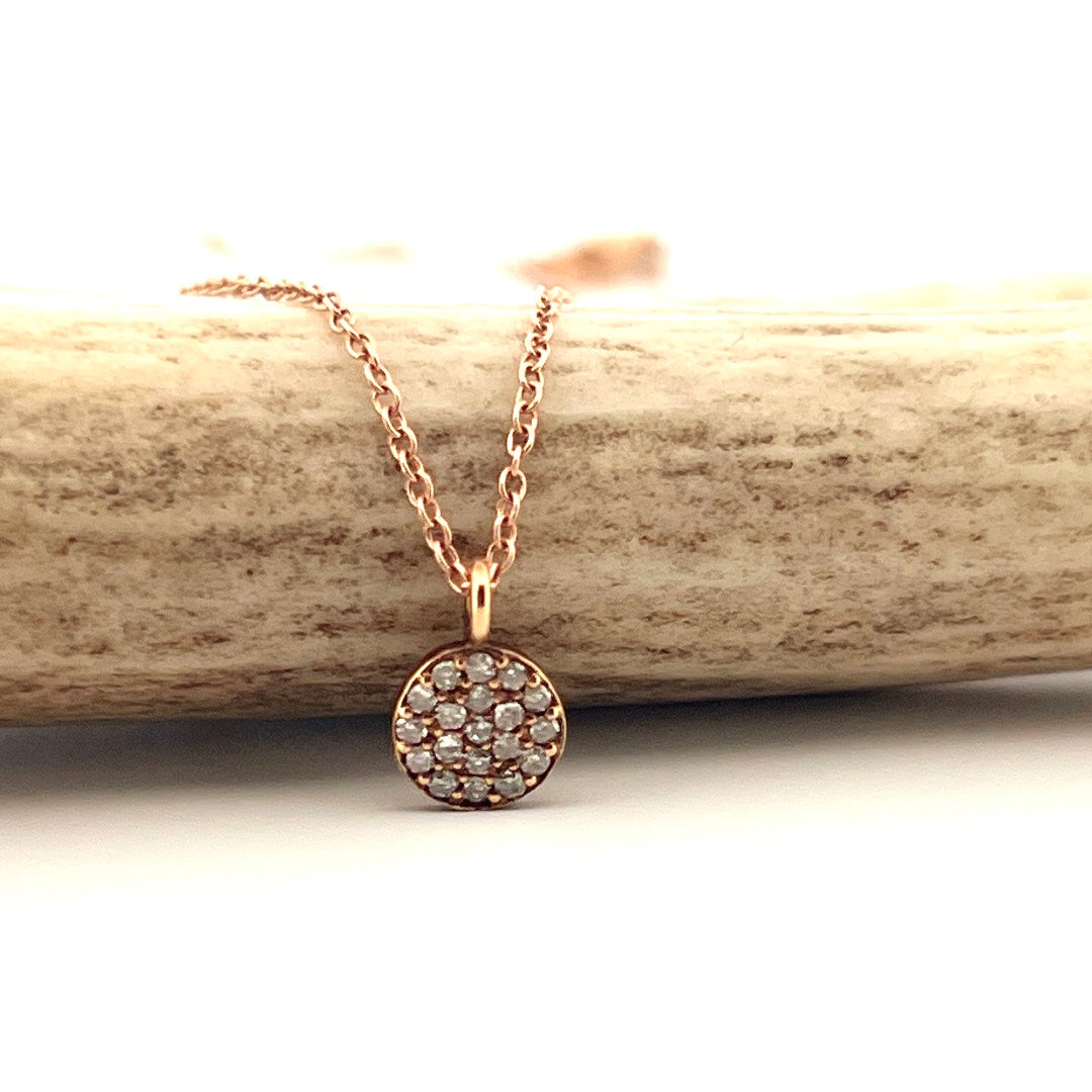 14k Rose gold pave disc necklace