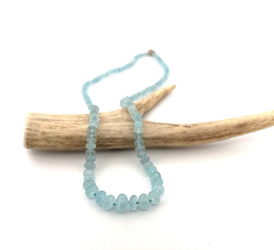 Smooth aquamarine necklace hand knotted on silk