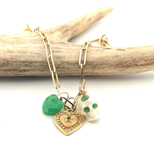14k YG skull & heart charm necklace