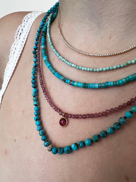 Turquoise heishi necklace with pink sapphire