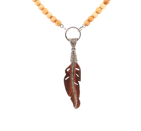 Wood & diamond feather pendant