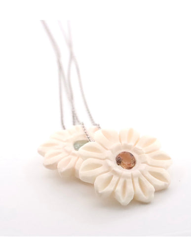 Hand Carved Bone Flower With Green Tourmaline