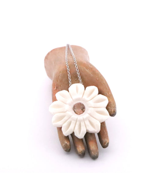 Hand Carved Bone Flower With Smokey Quartz