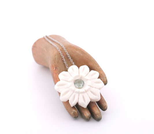 Hand Carved Bone Flower With Green Tourmaline