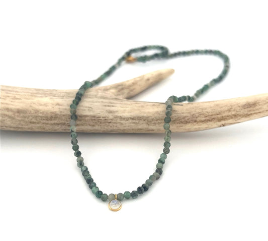 Dark green emerald and moonstone drop