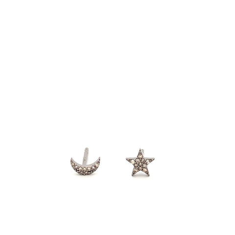 Oxidized sterling silver pave moon & star studs