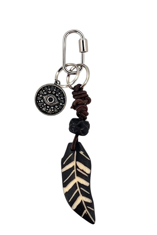 Wooden feather & eye disc bag charm