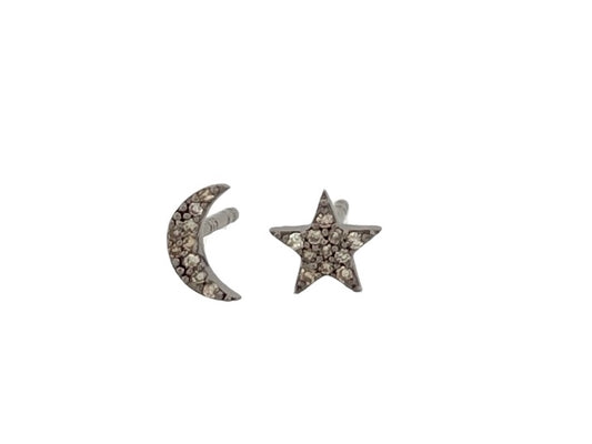 Oxidized sterling silver pave moon & star studs