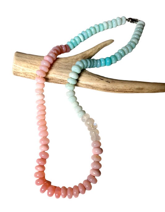 Pink & sky blue opal necklace