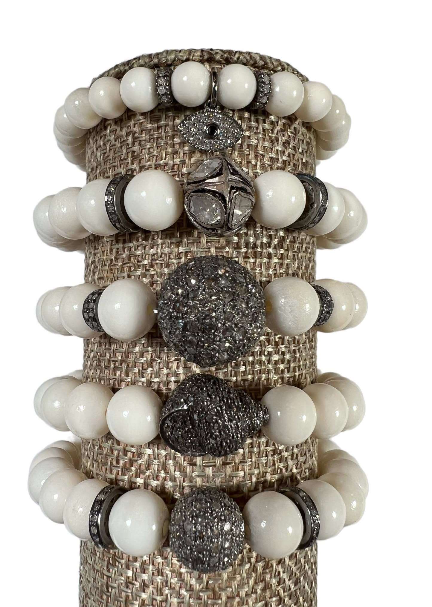 Bone beads with large pave diamond bead stretchy bracelet