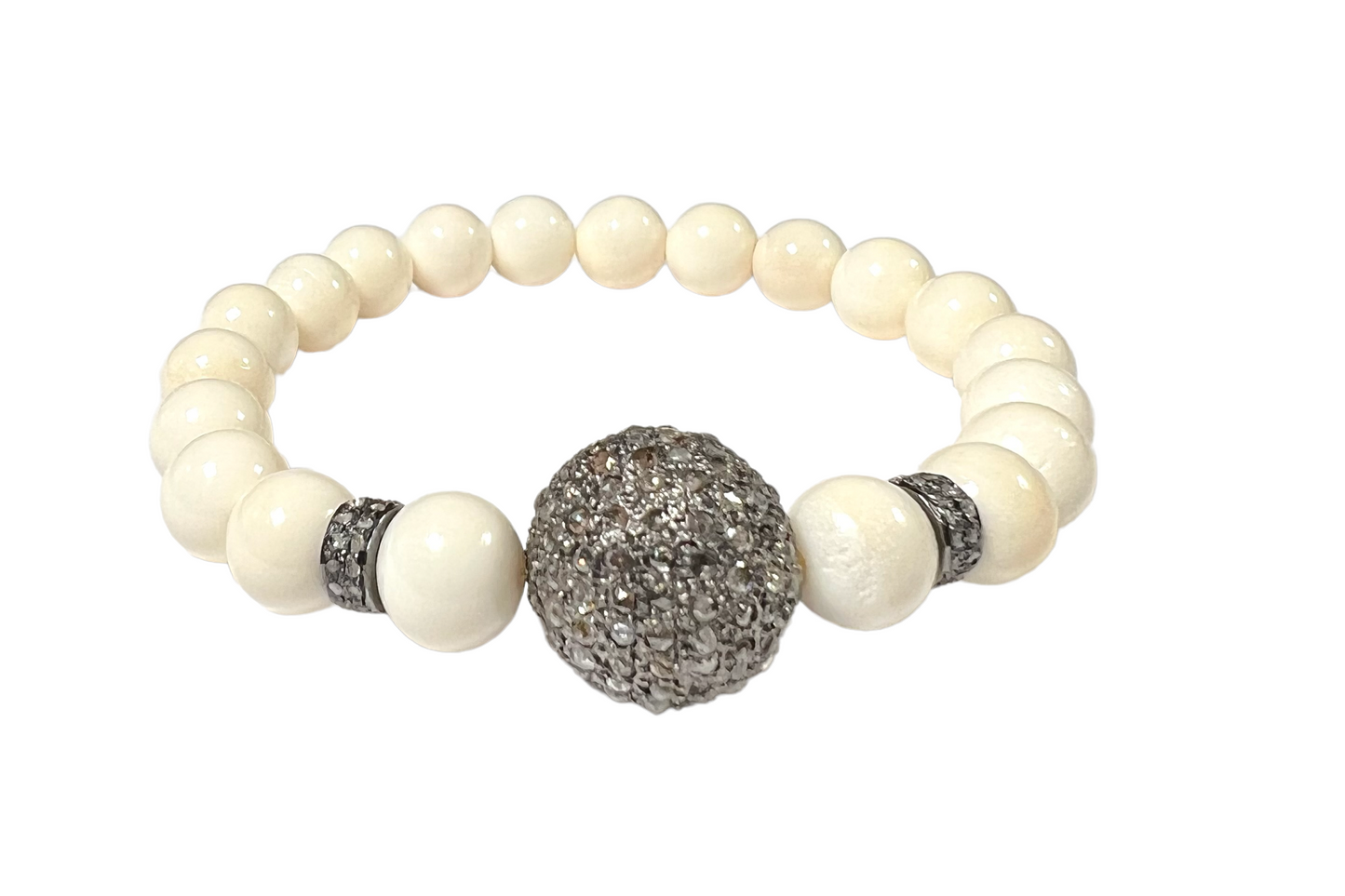 Bone beads with large pave diamond bead stretchy bracelet