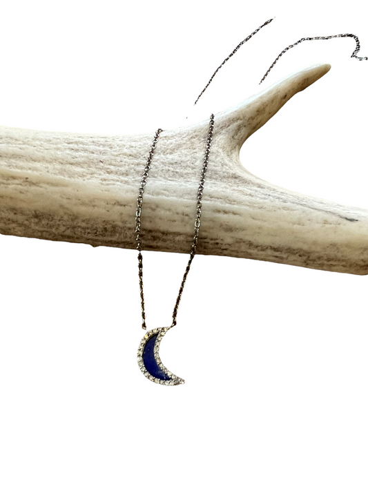 Lapis and white diamond crescent moon necklace